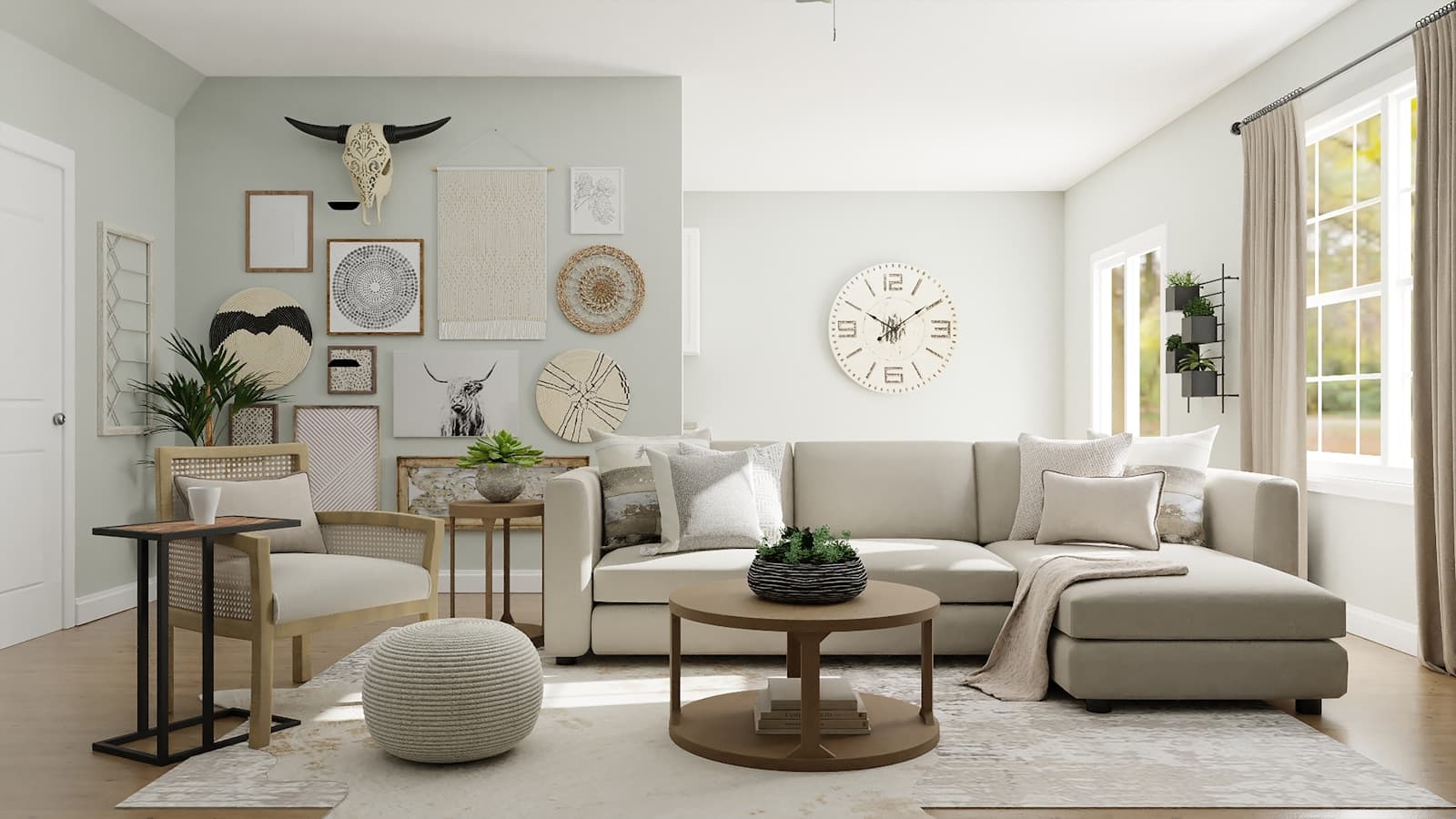 Gallery lounge with wall art, a clock, and a chair